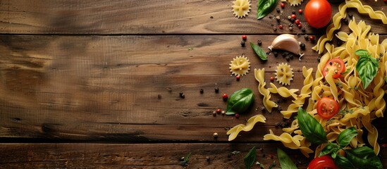 Poster - A flat lay of various types of pasta with sweet basil tomato garlic parsley bay leaves pepper and parmesan cheese on a wooden background with copy space image