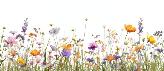 Poster - Meadow featuring a variety of colorful wildflowers including cuckoo flowers and daisies with space for text or other elements in the image. with copy space image. Place for adding text or design