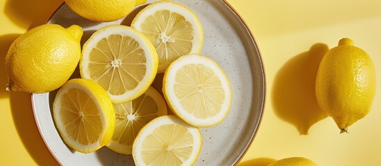Fototapete - Food and drink ingredients prepared with fresh cut lemon slices and whole lemons on a round plate against a colored background Top view with ample copy space image emphasizing a healthy eating theme