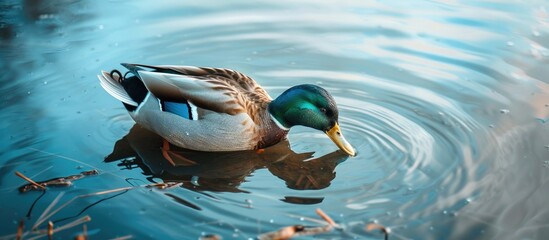 Aufkleber - A lone duck with a blue marking on its wing is seen drinking from a serene lake with a clear sky above providing a peaceful backdrop for the scene captured in the copy space image