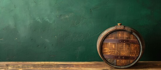 Aufkleber - Wooden barrel and worn oak table on a green wall background ideal for design with copy space image