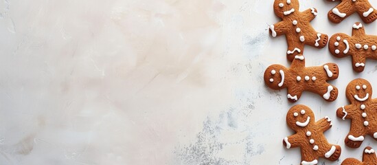 Aufkleber - Top down view of gingerbread cookies shaped like jolly men perfect for New Year and Christmas embodying festive traditions with focus on a long banner like image with ample copy space