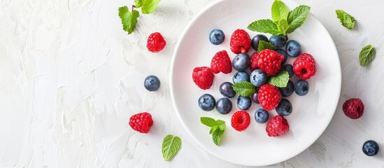 Top down view of a white plate with fresh blueberries raspberries and mint leaves against a white backdrop with space for adding images. with copy space image. Place for adding text or design