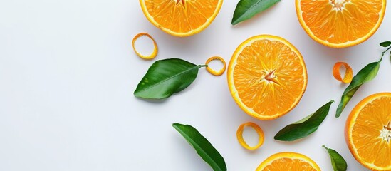 Aufkleber - Fresh orange with green leaves on white background portraying high vitamin C content juicy sweetness and offering a copy space image