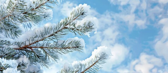 Poster - Snow covered pine branch against blue sky background perfect for card designs with available copy space image