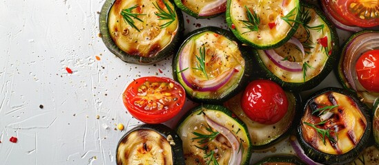 Aufkleber - Cooked zucchini with tomato and onion on white background with copy space image