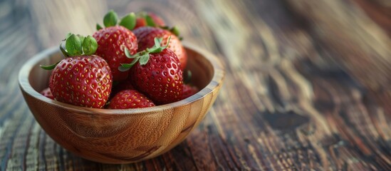 Poster - Fresh strawberry in a wooden bowl isolated on a wooden background with copy space image