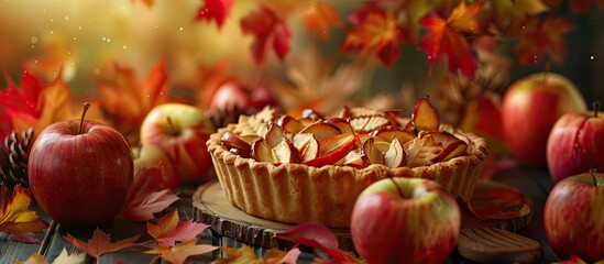 Poster - Autumn themed apple pie or tart displayed with a fall background conveying the essence of the season Copy space image included