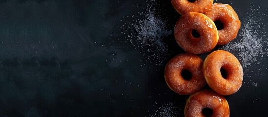 Fototapete - A picture of Berliner donuts with glaze on a black backdrop showcasing a delicious treat against a dark copy space image