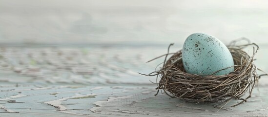 Aufkleber - An Easter themed image features an egg placed in a nest cup on a white wooden surface creating a serene and seasonal scene ideal for a spring themed greeting card with room for additional text or ima
