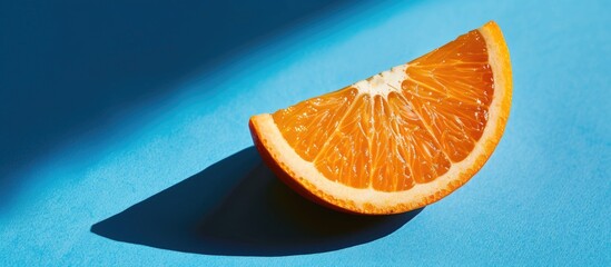 Leinwandbilder - An orange half casting a distinct shadow under bright lighting on a blue background arranged with two segments creating a template for a copy space image