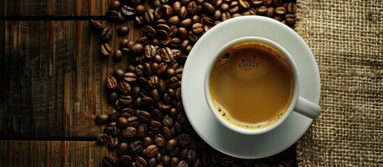 Fototapete - Coffee beans arranged beside an empty cup creating a captivating copy space image