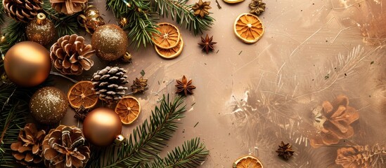 Poster - Festive Christmas design featuring pine cones green ornaments dried orange slices and ample copy space image
