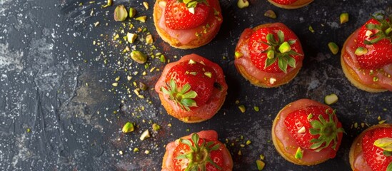 Aufkleber - Top view of strawberry pistachio friands with a copy space image