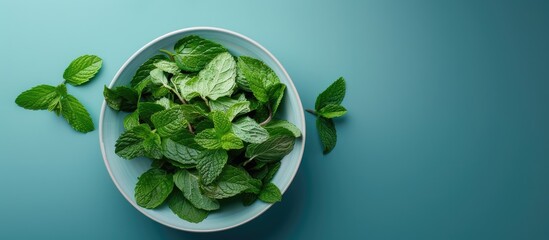 Poster - Blue backdrop hosts a bowl of fresh mint leaves with ample copy space image