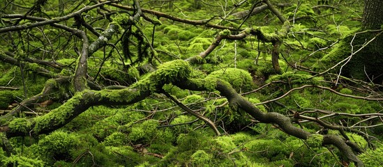 Poster - European forest floor showing moss covered branches with an empty space for inserting an image. with copy space image. Place for adding text or design