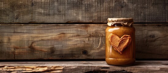 Poster - Heart sketched on peanut butter in a jar against a wooden backdrop with ample copy space image