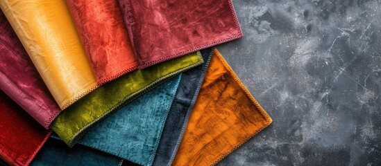Poster - Colorful luxury velvet fabric samples arranged on a stone table in a top down view with ample space for text or images