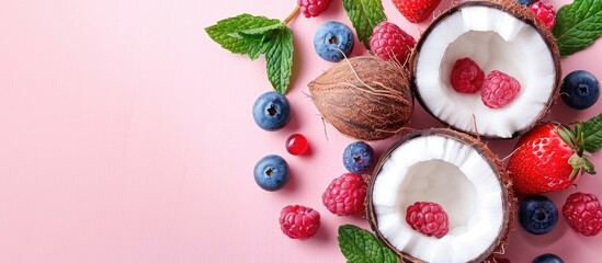 Leinwandbilder - Ripe coconuts with fresh berries mint on pink backdrop with copy space image in pop art style creative minimalist flat lay summer concept top down view