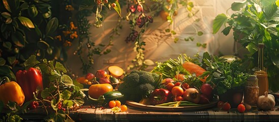 Poster - At my place Boroco foliage transforms into savory vegetable dishes displayed against a backdrop of copy space image