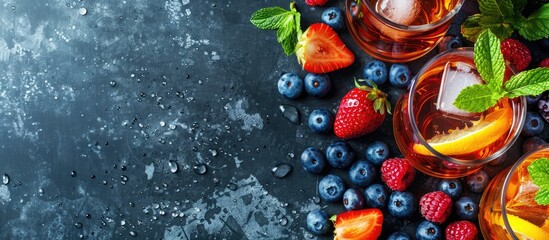 Poster - Bird s eye view of cocktail ingredients with berries in the background for a copy space image