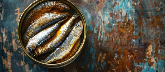 Aufkleber - Top view of anchovies in a tin can with copy space image for a rustic seafood background suitable for a pescetarian diet