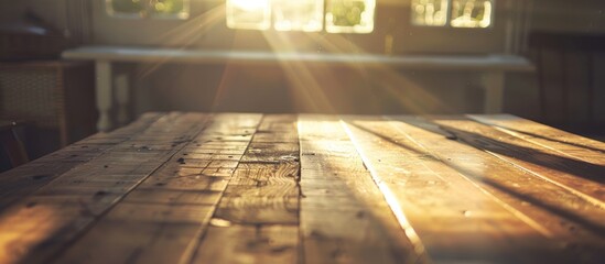 Aufkleber - Sunlight streaming onto a wooden table creating a warm and inviting ambiance with room for a copy space image