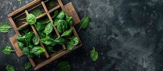 Canvas Print - Wooden box with spinach a healthy option in a top down view with available copy space image