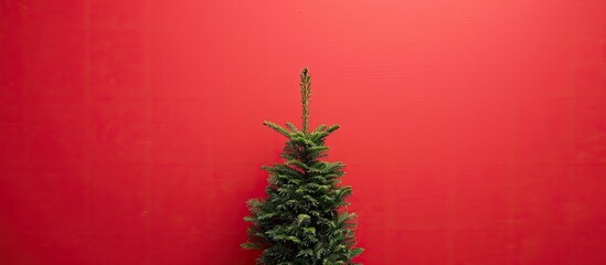 Poster - A Christmas tree is displayed against a red background in a minimalistic flat lay setting ideal for a New Year sale concept featuring ample copy space image