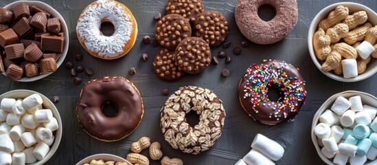 Fototapete - Assortment of sweet treats including donuts oat cookies marshmallows chocolate and colorful peanuts Displayed from different angles showing top and side views Ideal for a copy space image