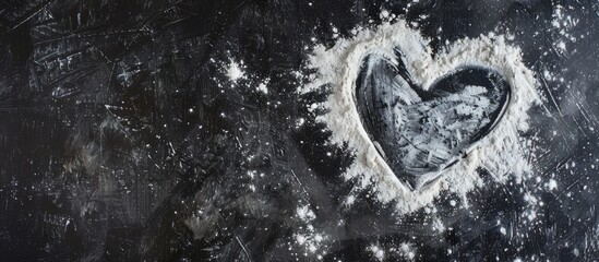 Aufkleber - Heart shape drawn on flour on black backdrop in a top down view with copy space image