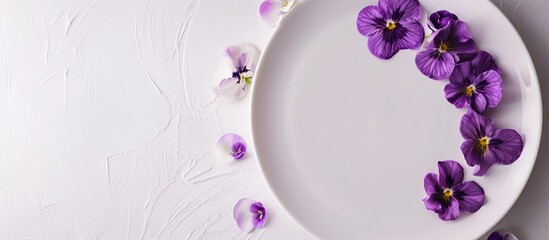 Aufkleber - Pansy flowers adorn an empty white plate against a white background perfect as a copy space image for food styling or special party decor