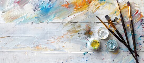 Poster - White wooden table with copy space image adorned with well used watercolor paint and brushes