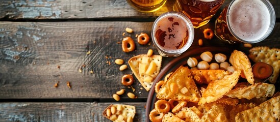 Aufkleber - Wooden table with lager beer and snacks creating the perfect backdrop for a copy space image