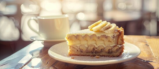 Fototapete - Enjoying a delectable slice of banana cake in the morning a delightful treat with a cup of coffee against a bright background with copy space image