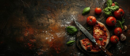 Leinwandbilder - Dark rustic background with a pizza knife on a pizza cutting board featuring copy space image
