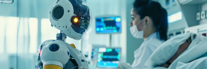 Poster - Robot monitoring patient vitals in a modern hospital. Highlights the integration of AI and robotics in healthcare and patient care.
