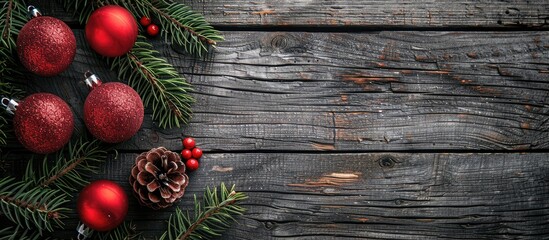 Poster - A rustic wooden board serves as a holiday background frame with red Christmas balls on fir tree branches leaving room for a copy space image