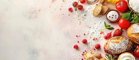 Poster - Colorful background for bakery ingredients composition with copy space image