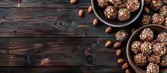 Poster - Top down view of nut balls dessert placed on a dark wooden table perfect for a delightful coffee break with a spacious copy space image