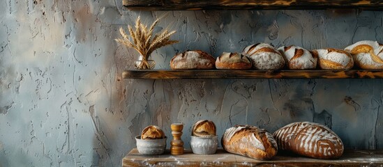 Fototapete - Traditional bakery concept with fresh tasty bread displayed on a wooden shelf emphasizing a healthy food option with a rustic charm and copy space image