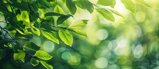 Aufkleber - Bokeh background of green leaves in a garden morning scene perfect for banners or product display with copy space image