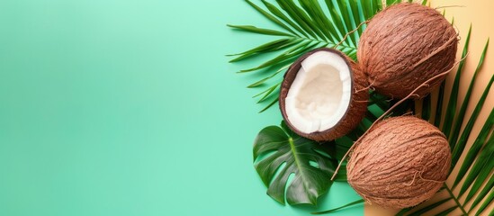 Poster - Top view of a coconut with its leaves set against a colored background ideal for use as a copy space image