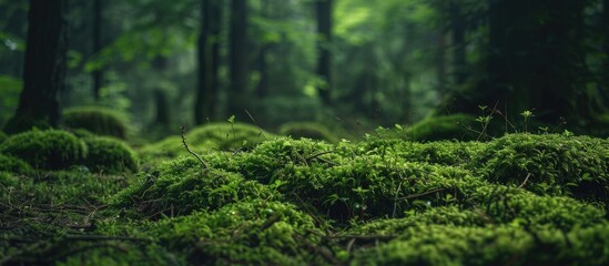 Poster - European forest floor showing moss covered branches with an empty space for inserting an image. with copy space image. Place for adding text or design