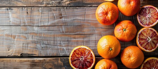 Poster - Red blood oranges displayed on a rustic wooden table with available copy space image