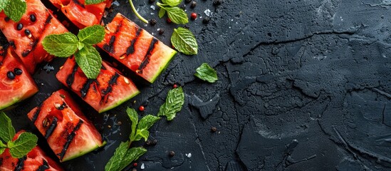 Aufkleber - Grilled watermelon slices with mint in a close up copy space image