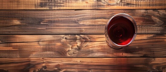 Aufkleber - An aerial picture of a red wine glass on a blurry wooden board backdrop texture with a focusing on the rim featuring copy space image