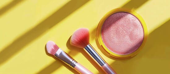 Poster - Makeup essentials like a facial highlighter and bright brush displayed atop a yellow backdrop in a flat lay composition with copy space image