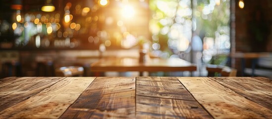 Aufkleber - Wooden table at a cafe or bar with blurred background perfect for showcasing products with copy space image