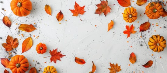 Poster - Top down view of pumpkins and autumn leaves on a white backdrop with space for text or images ideal for Halloween or Thanksgiving themes. with copy space image. Place for adding text or design